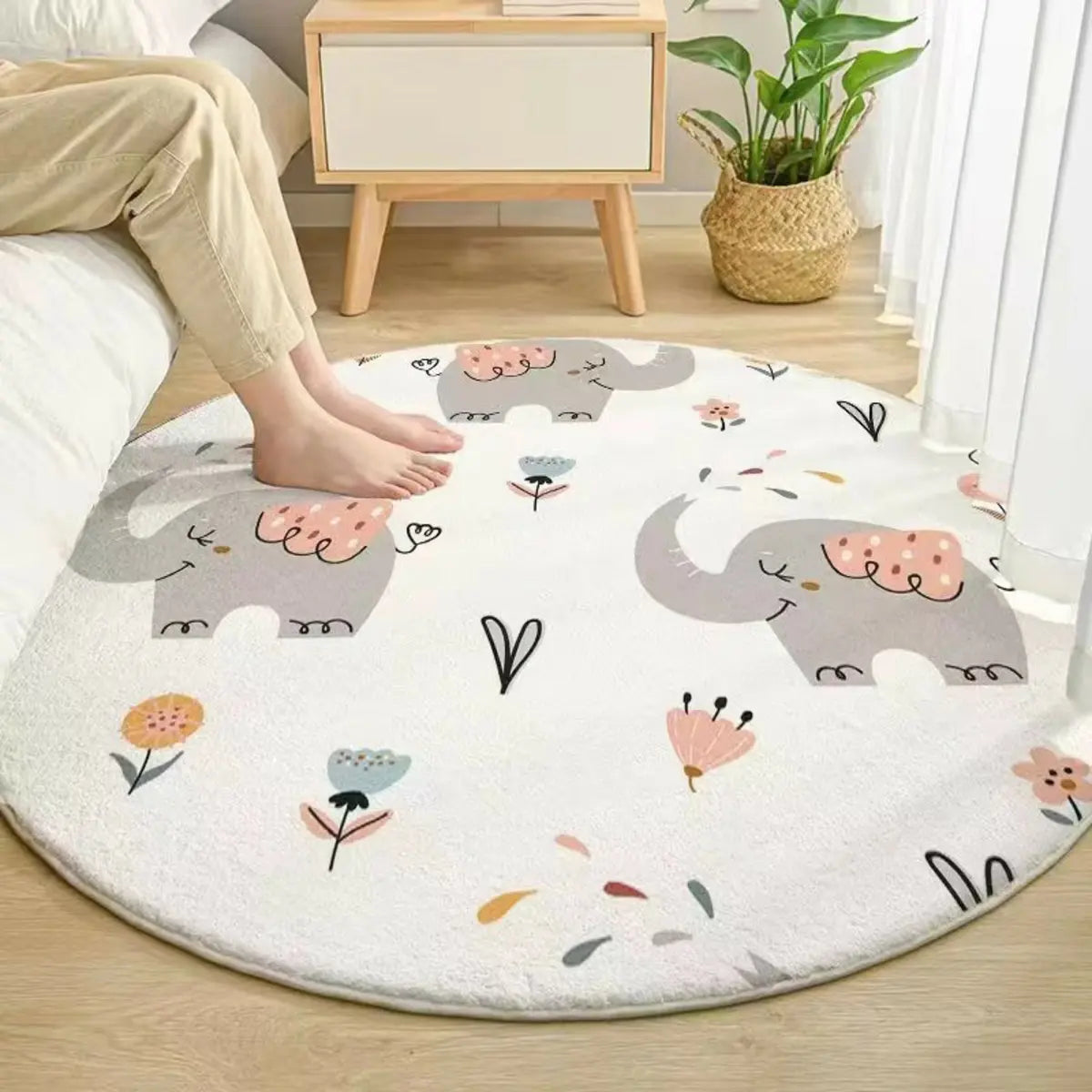 Kids Room Cute Cartoon Fox Round Polyester Pink Area Rug Image - 7