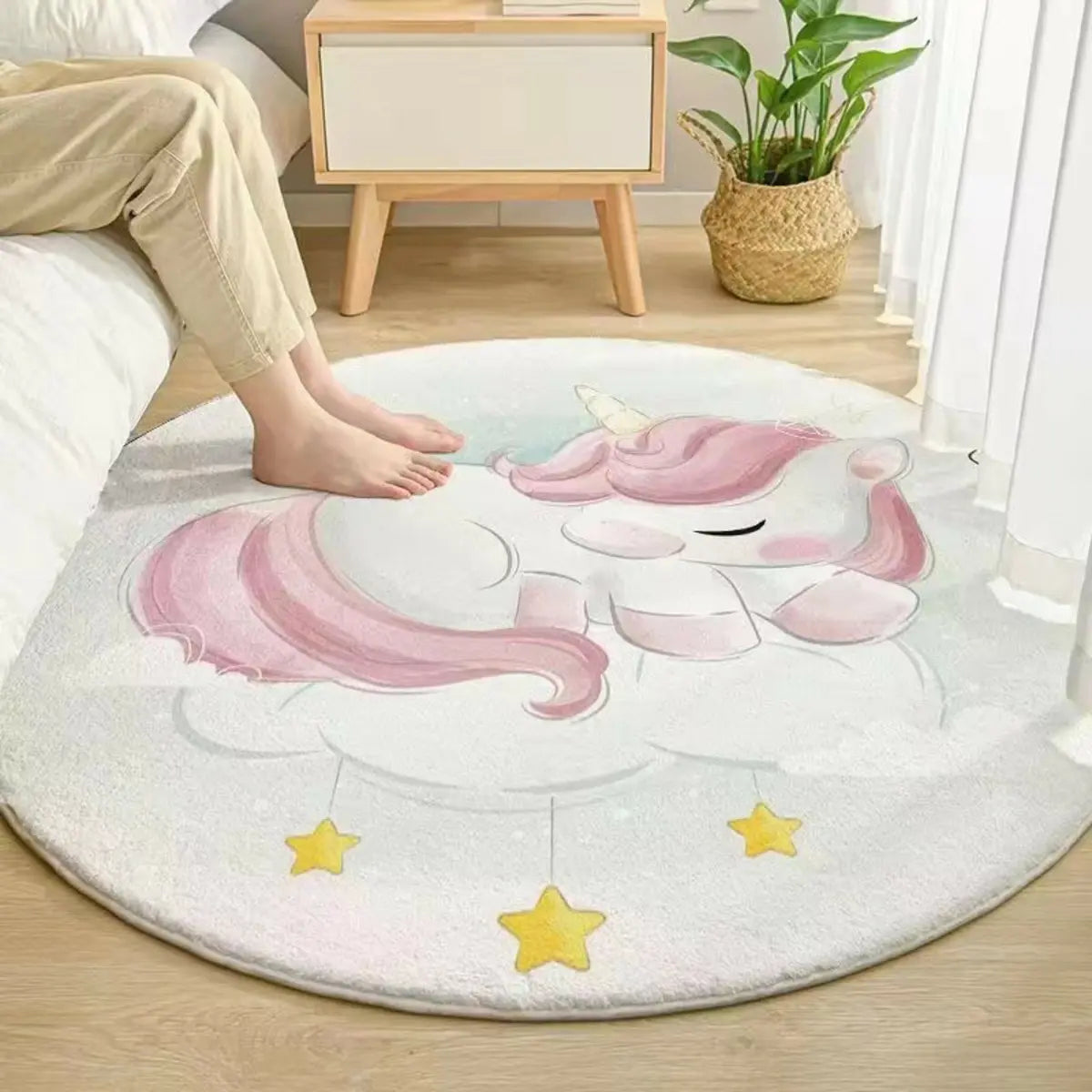 Kids Room Cute Cartoon Fox Round Polyester Pink Area Rug Image - 9
