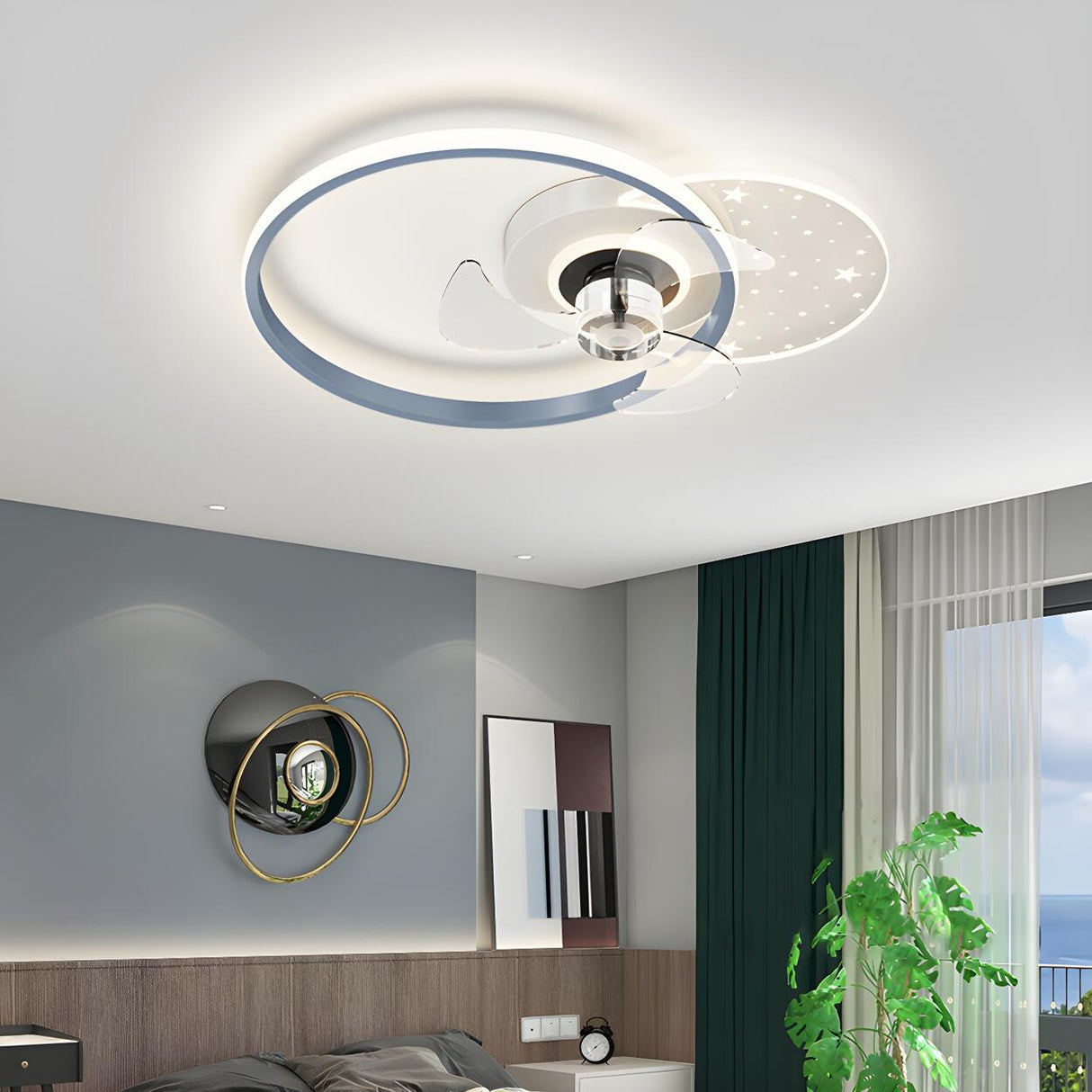 Kids Room Geometric Ring LED Ceiling Fan with Light Image - 6