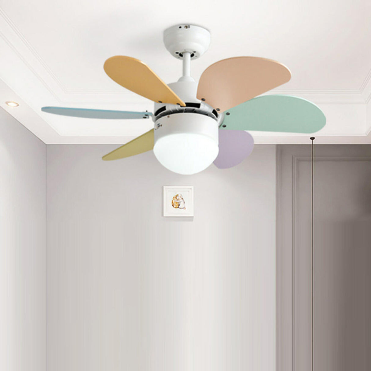 Kids Room Multi-Colored Wood Blades Ceiling Fan Light Image - 1