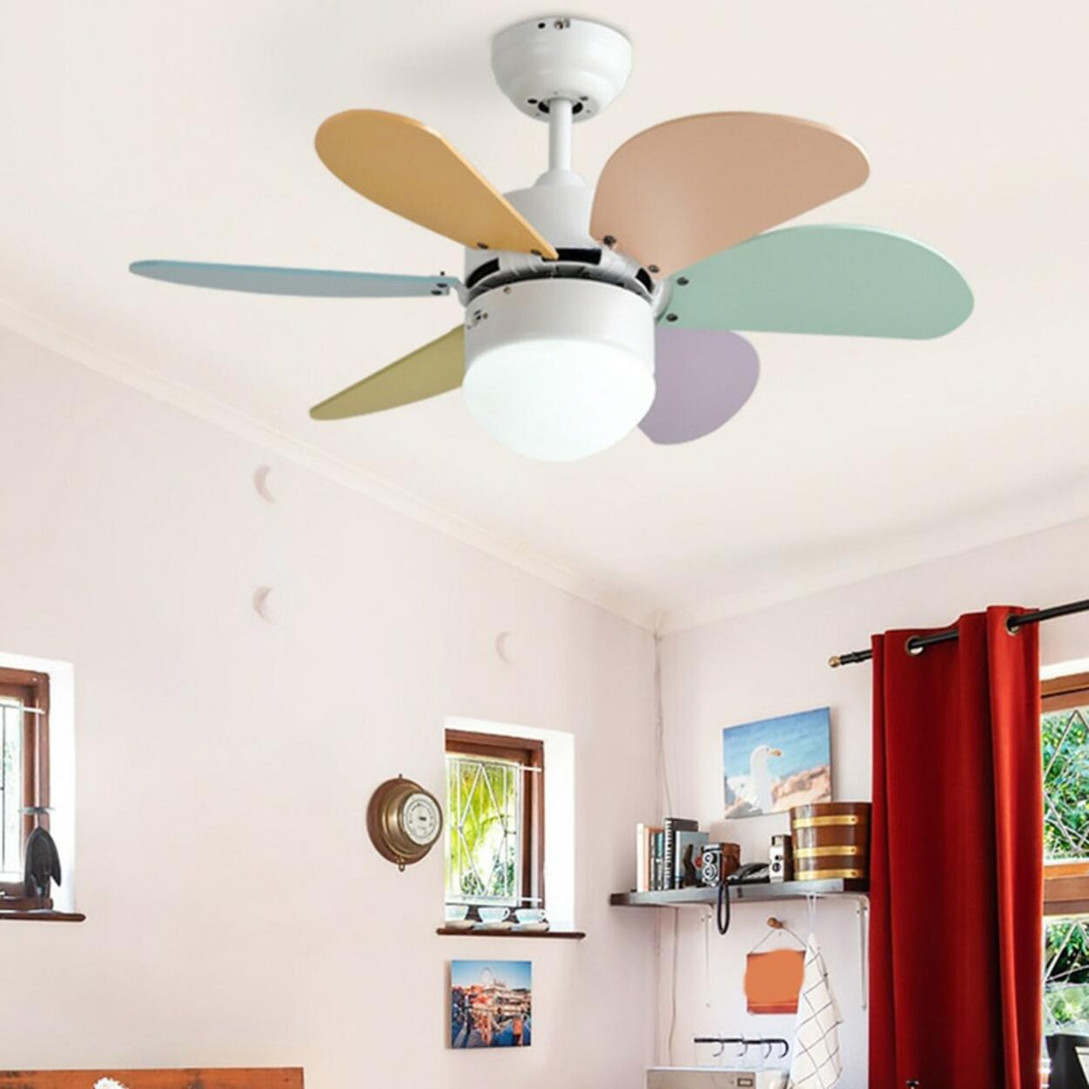 Kids Room Multi-Colored Wood Blades Ceiling Fan Light Image - 15