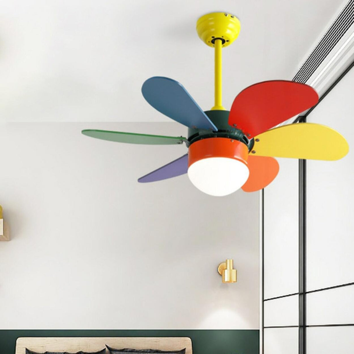 Kids Room Multi-Colored Wood Blades Ceiling Fan Light Image - 3