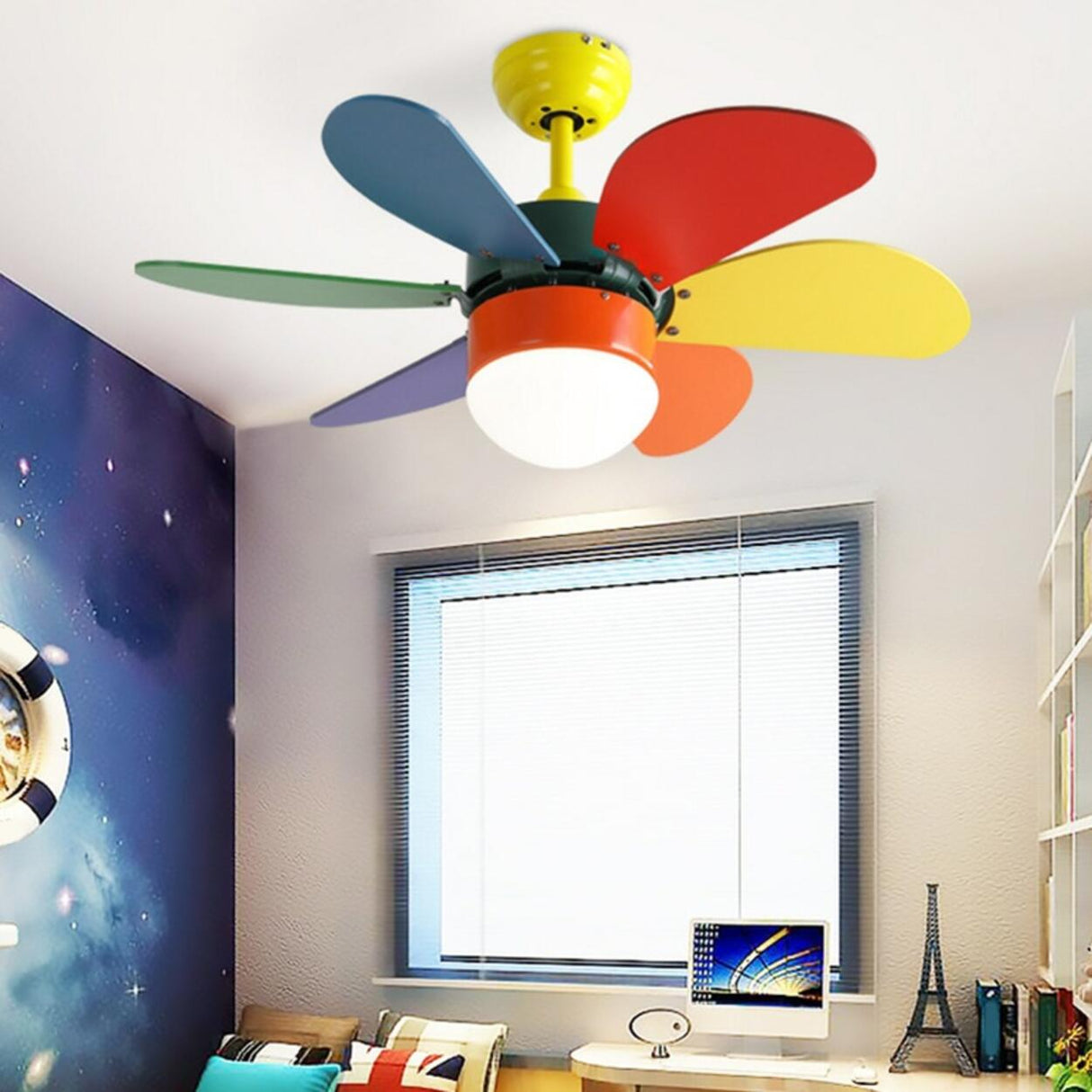 Kids Room Multi-Colored Wood Blades Ceiling Fan Light Image - 4