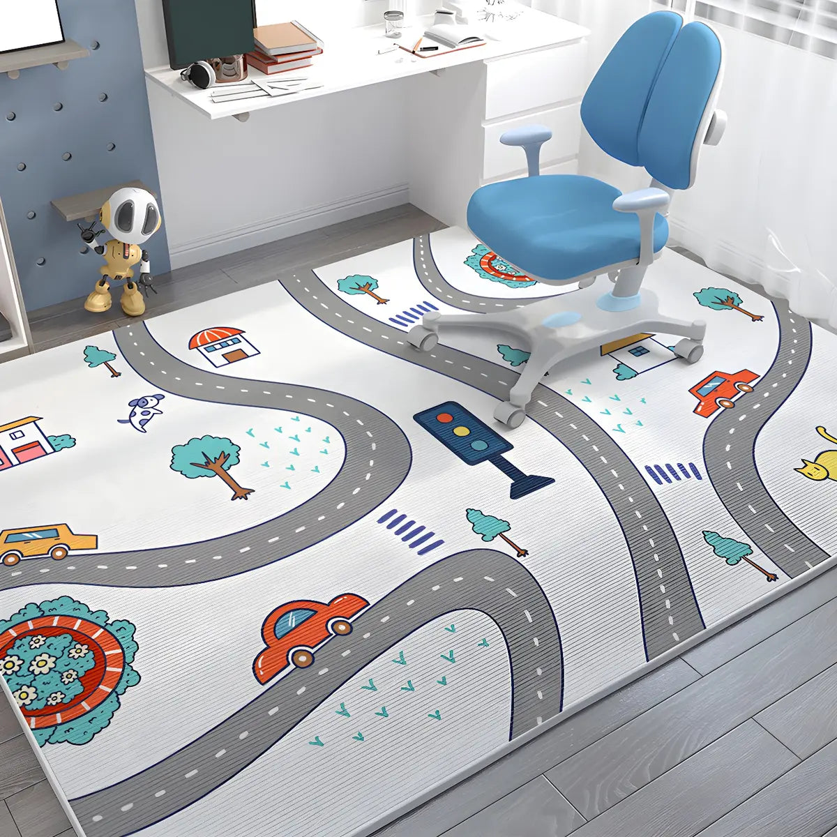Kids Room Playful Car Road Polyester White Area Rug Image - 1