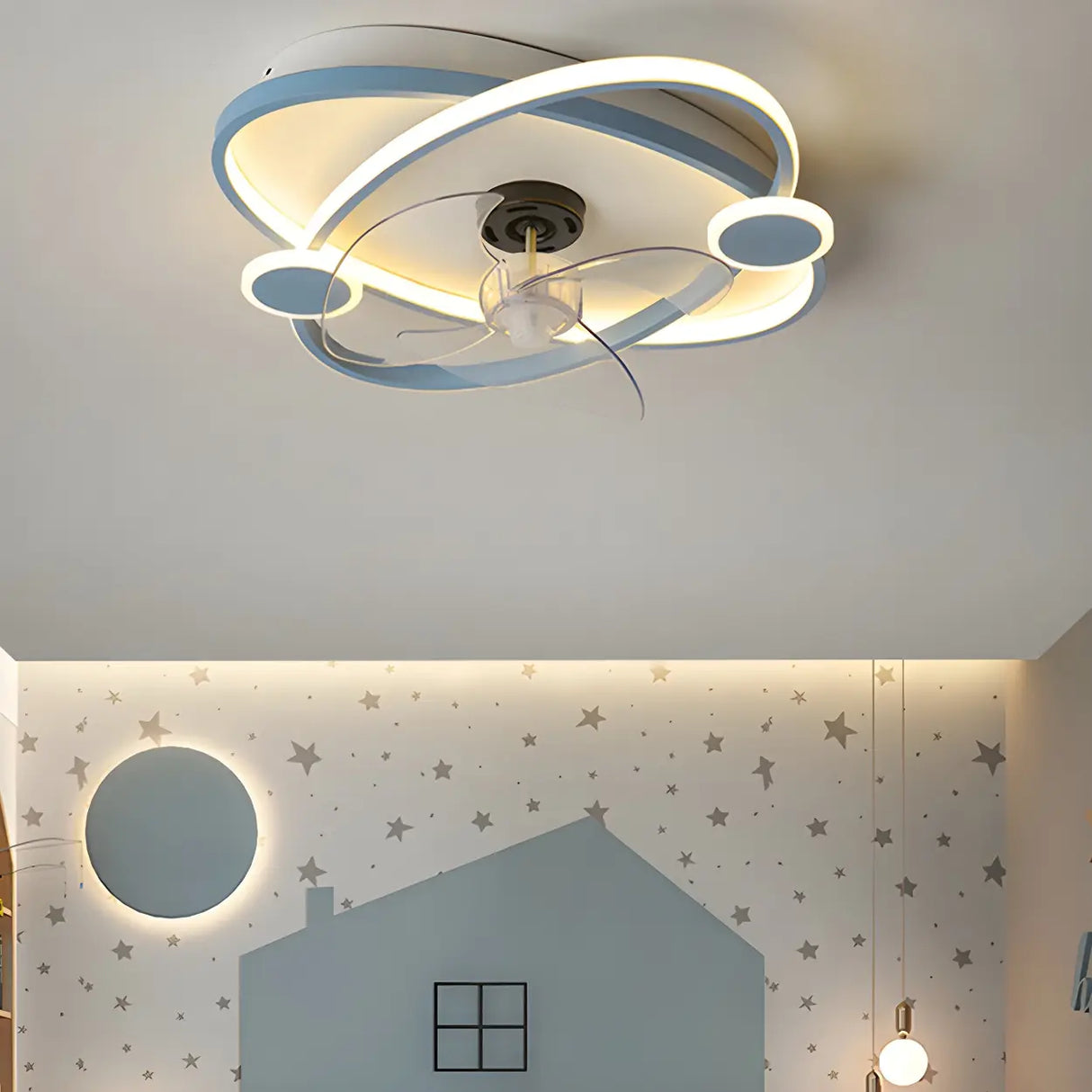 Kids Room Simple Ring Decor Round Ceiling Fan Light Image - 1