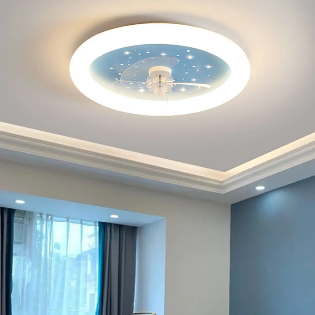 Kids Room Simple Round Starry LED Ceiling Fan Light Image - 16