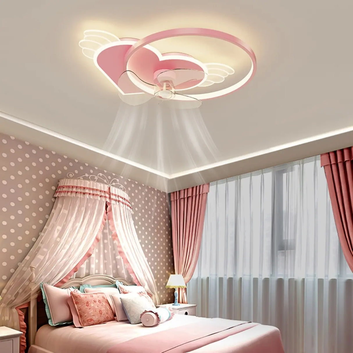 Kids Room Stylish Heart Wings Ceiling Fan with Light Image - 2
