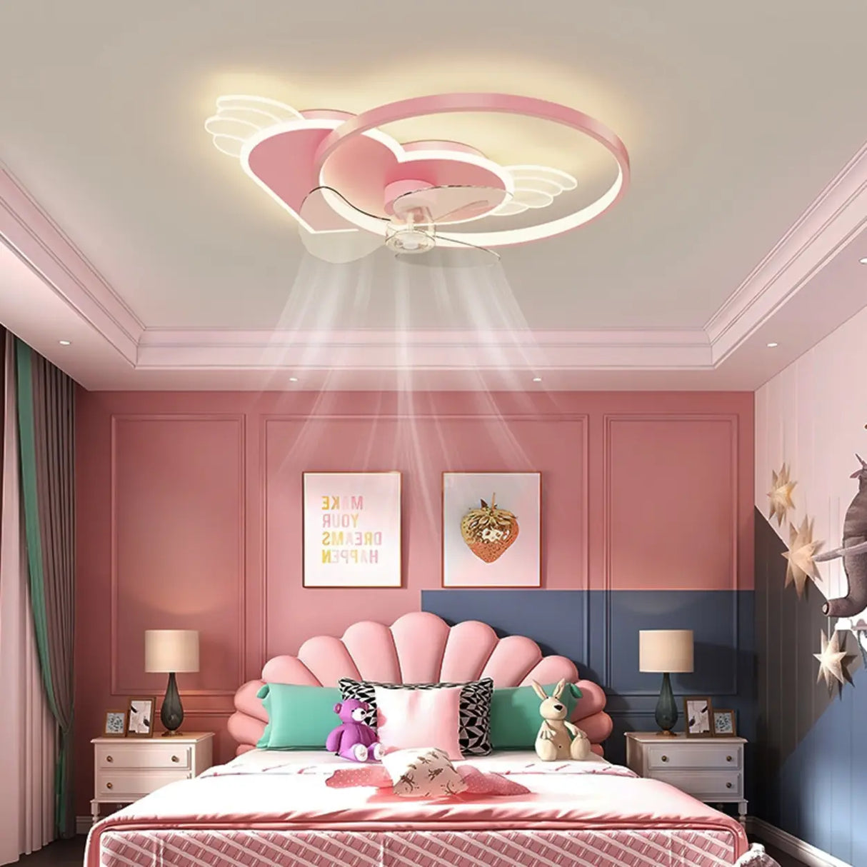 Kids Room Stylish Heart Wings Ceiling Fan with Light Image - 3