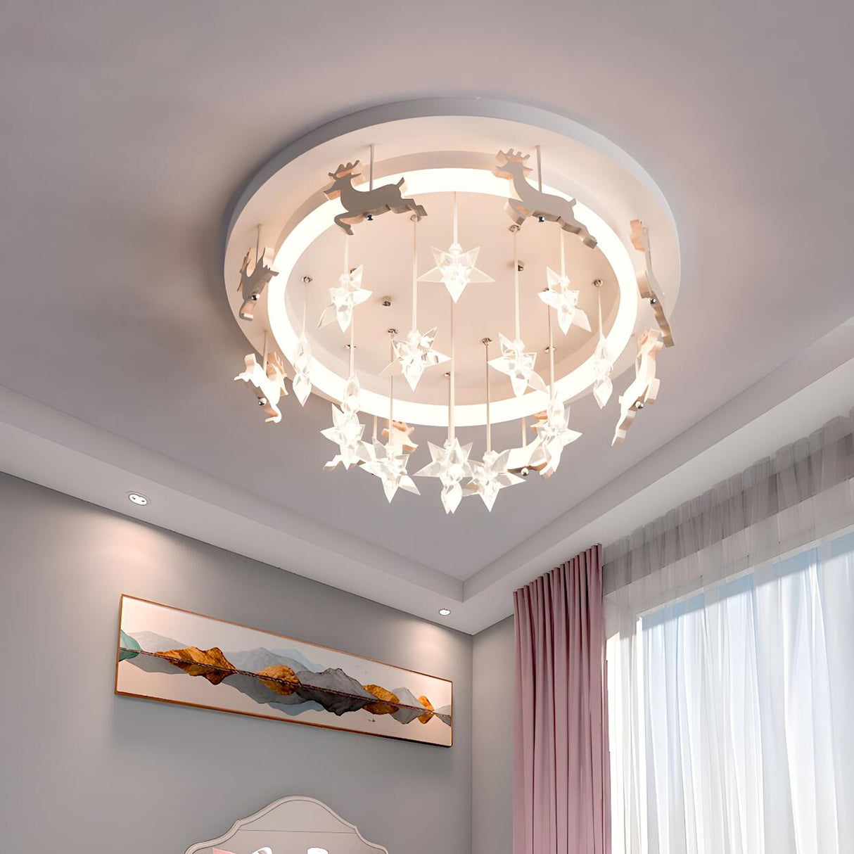 Kids Room Wood Elk Carousel White LED Flush Mount Light Image - 2