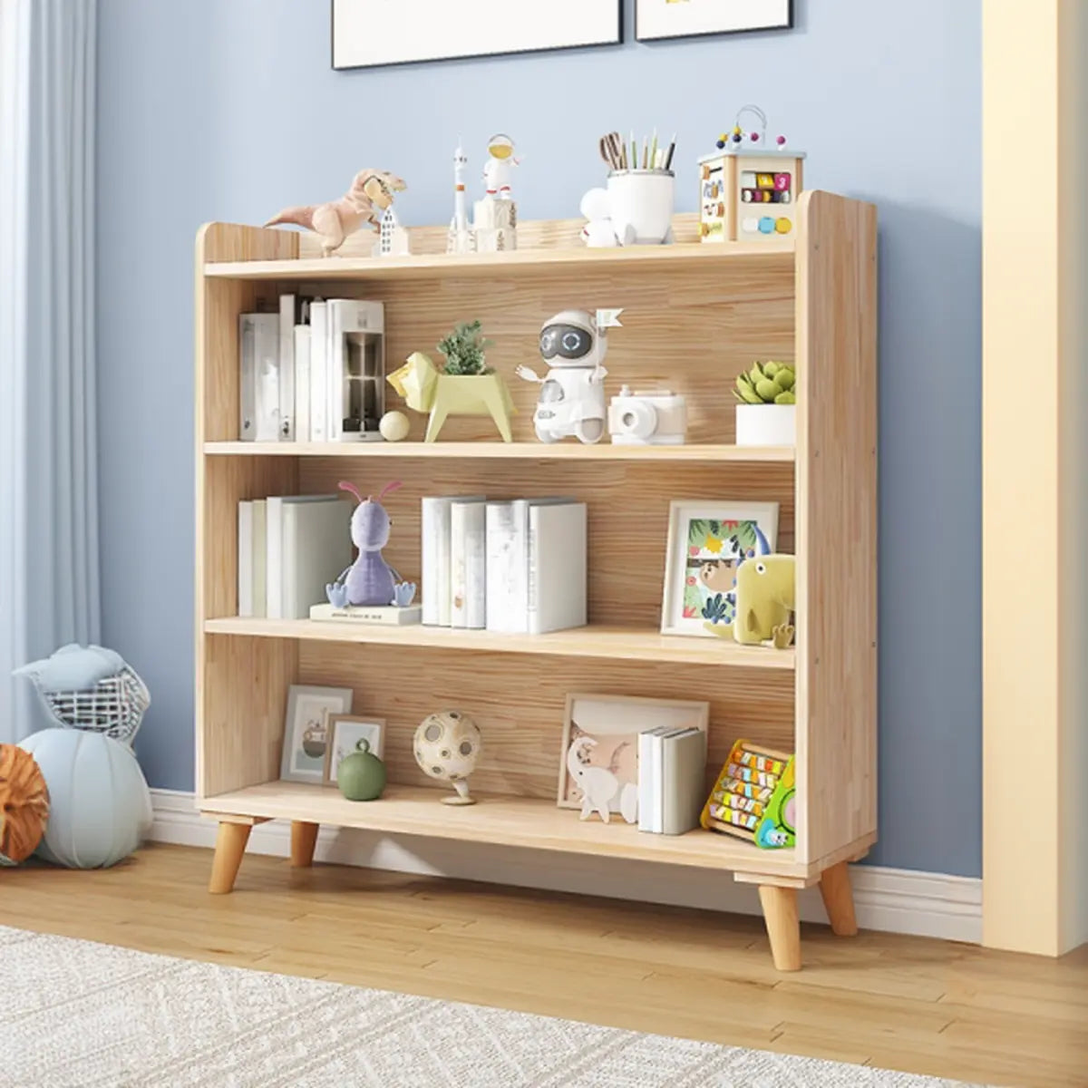 Kids' Room Simple Natural Wood Open Horizontal Bookcase Image - 1