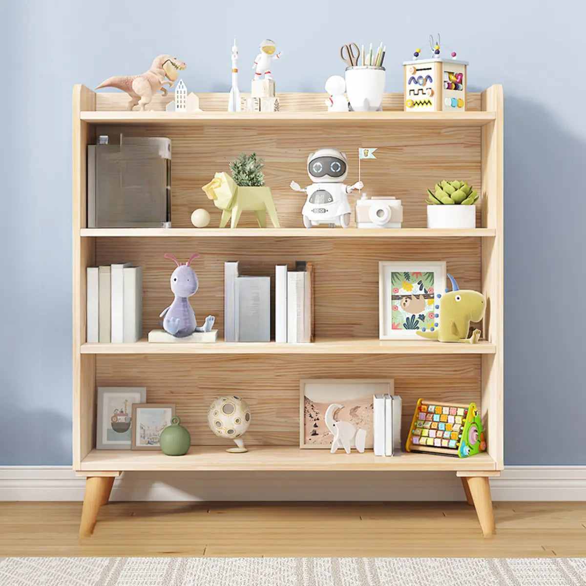 Kids' Room Simple Natural Wood Open Horizontal Bookcase Image - 11