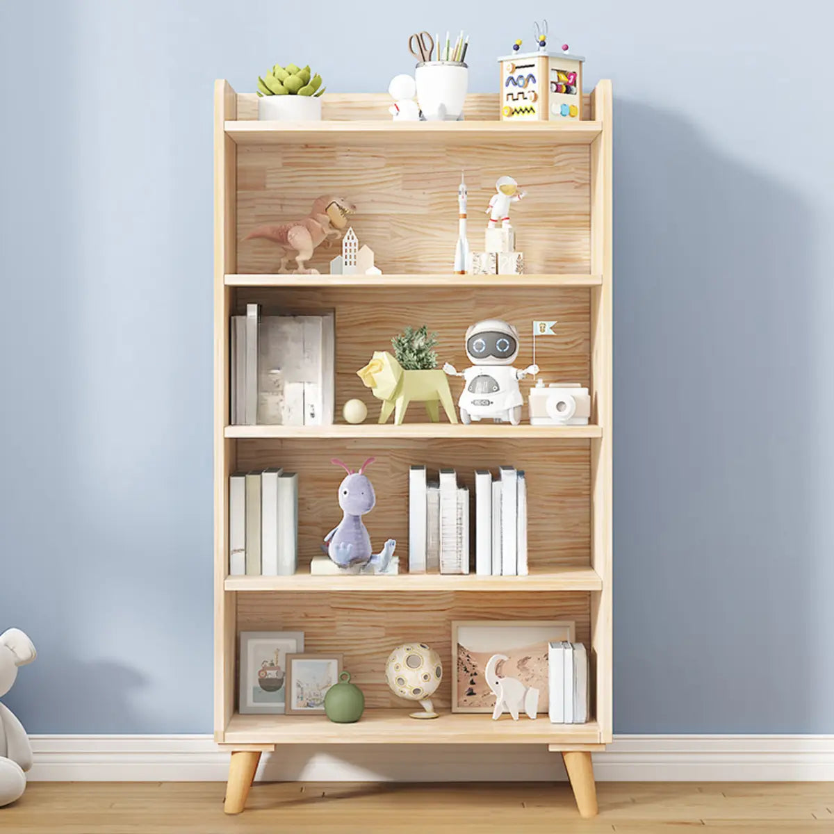 Kids' Room Simple Natural Wood Open Horizontal Bookcase Image - 12