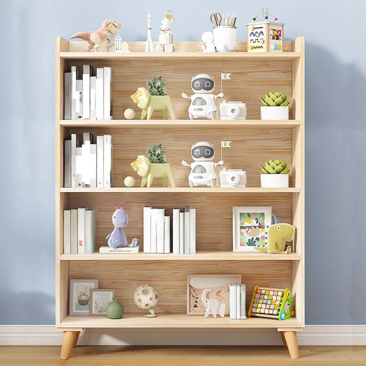 Kids' Room Simple Natural Wood Open Horizontal Bookcase Image - 13