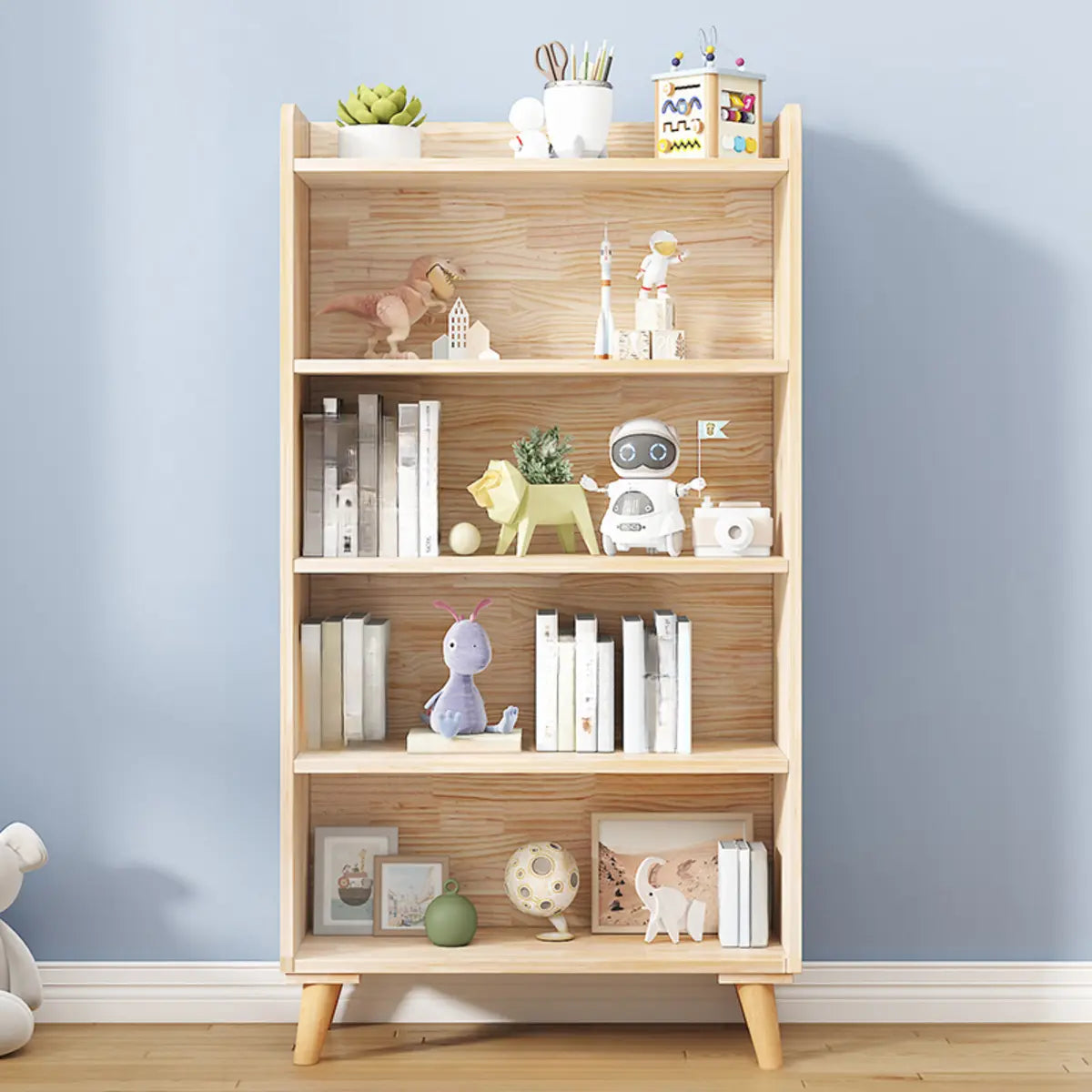 Kids' Room Simple Natural Wood Open Horizontal Bookcase Image - 15