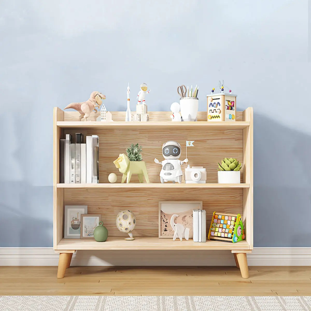 Kids' Room Simple Natural Wood Open Horizontal Bookcase Image - 2