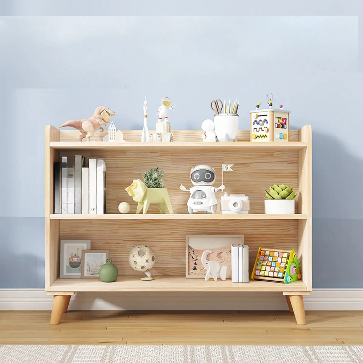 Kids' Room Simple Natural Wood Open Horizontal Bookcase Image - 3