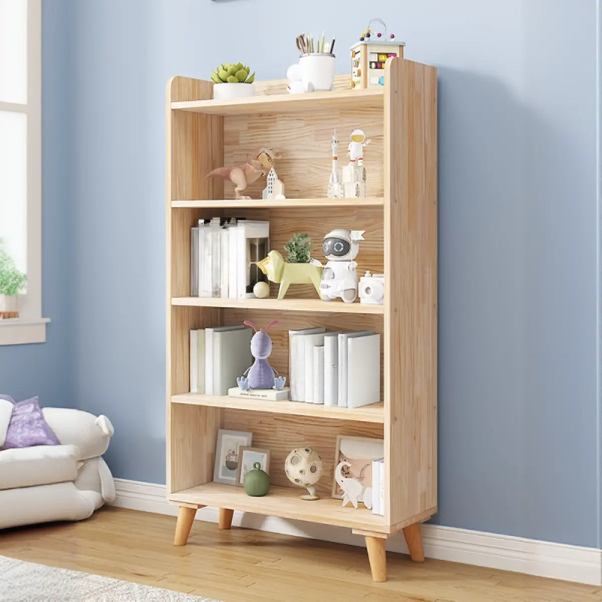 Kids' Room Simple Natural Wood Open Horizontal Bookcase Image - 4