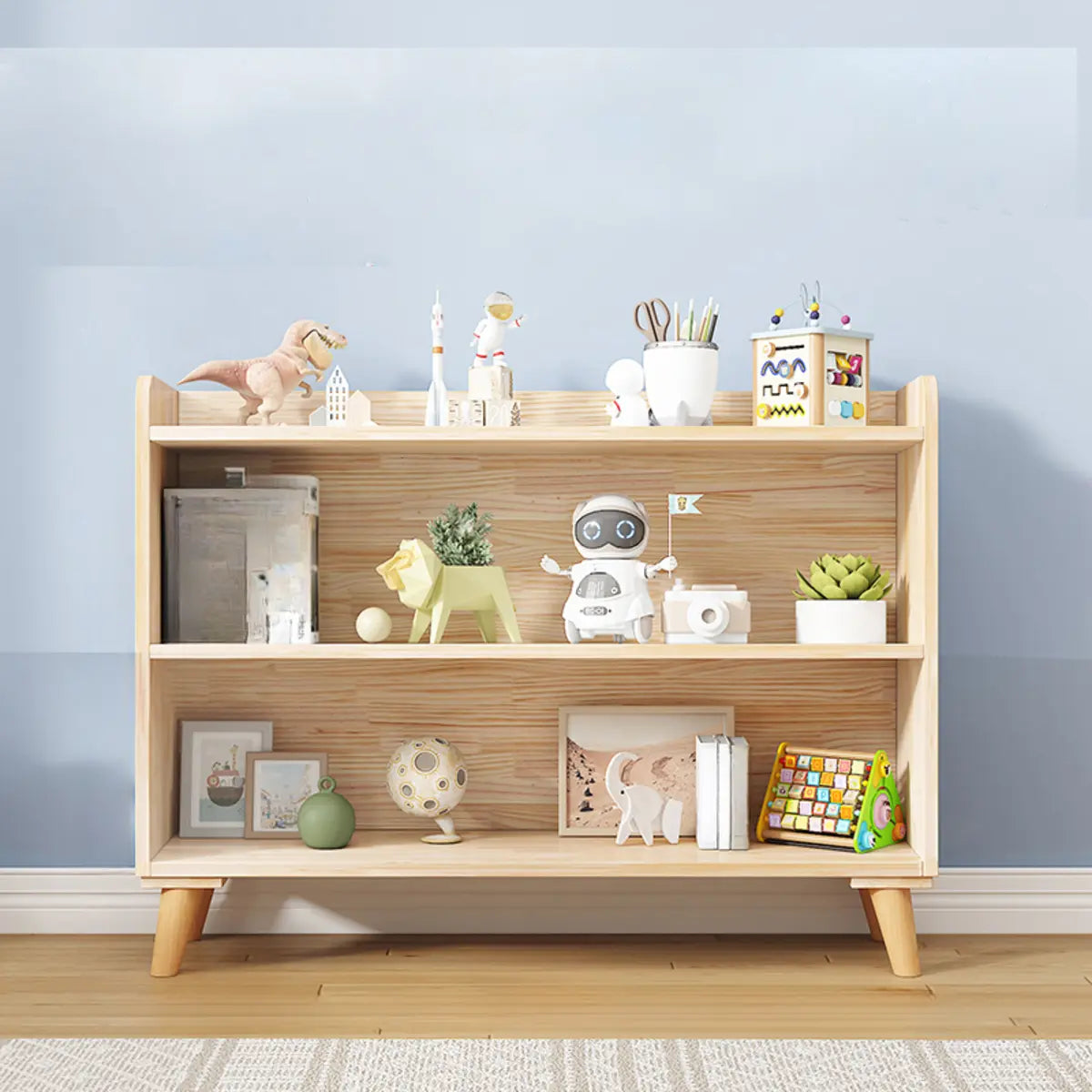 Kids' Room Simple Natural Wood Open Horizontal Bookcase Image - 5