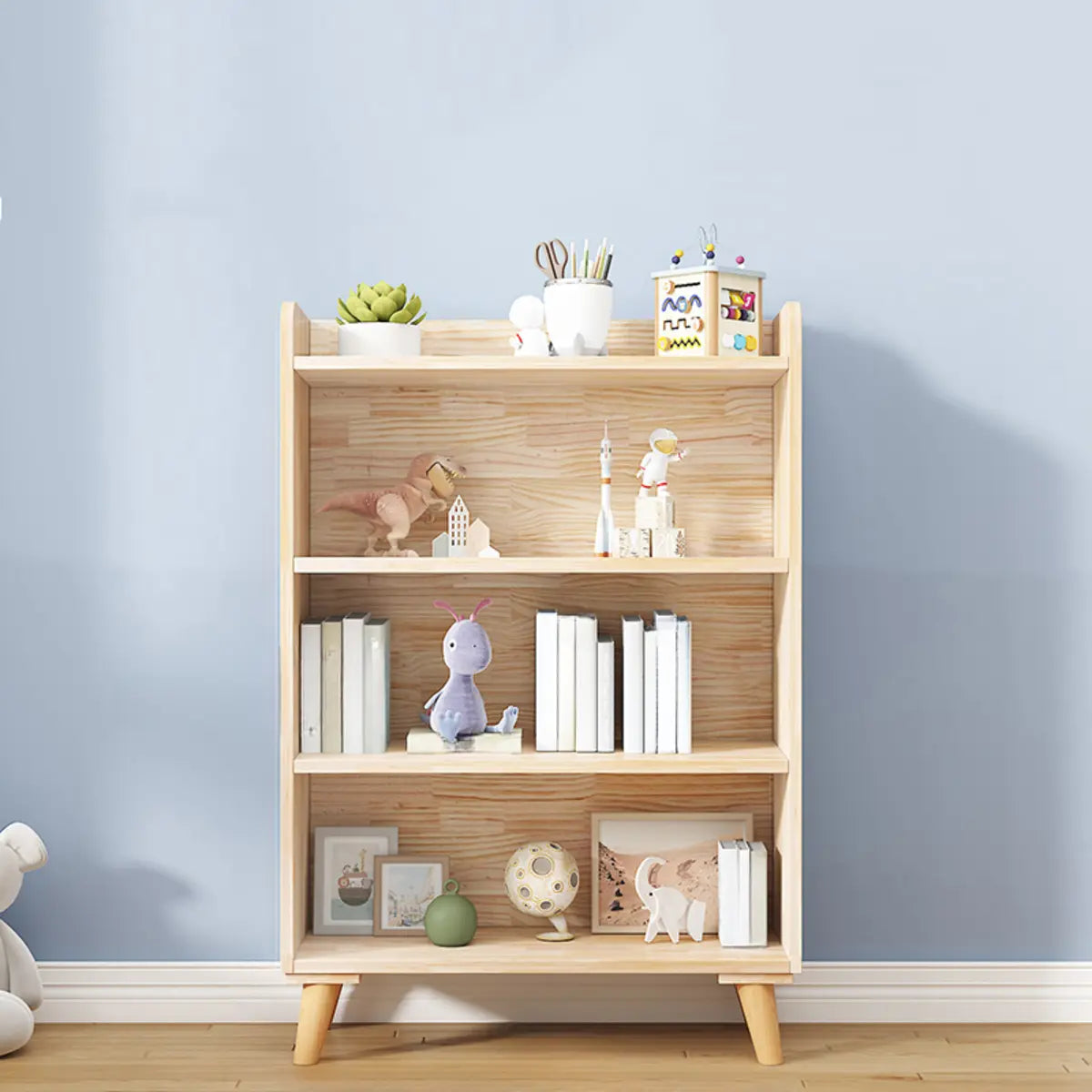 Kids' Room Simple Natural Wood Open Horizontal Bookcase Image - 7