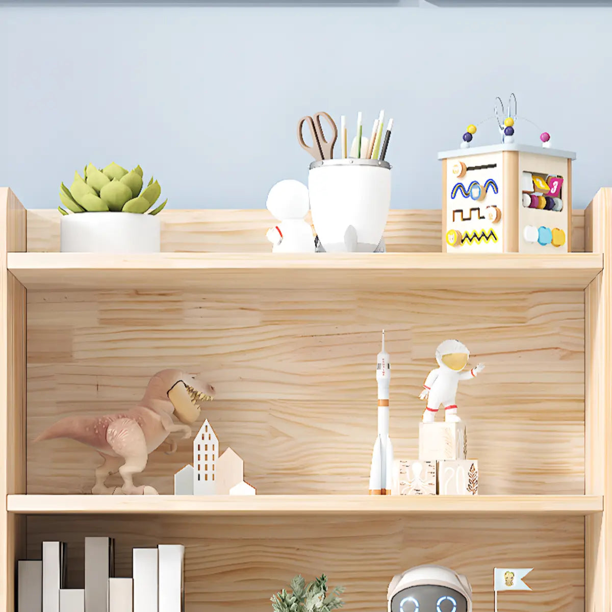 Kids' Room Simple Natural Wood Open Horizontal Bookcase Image - 8