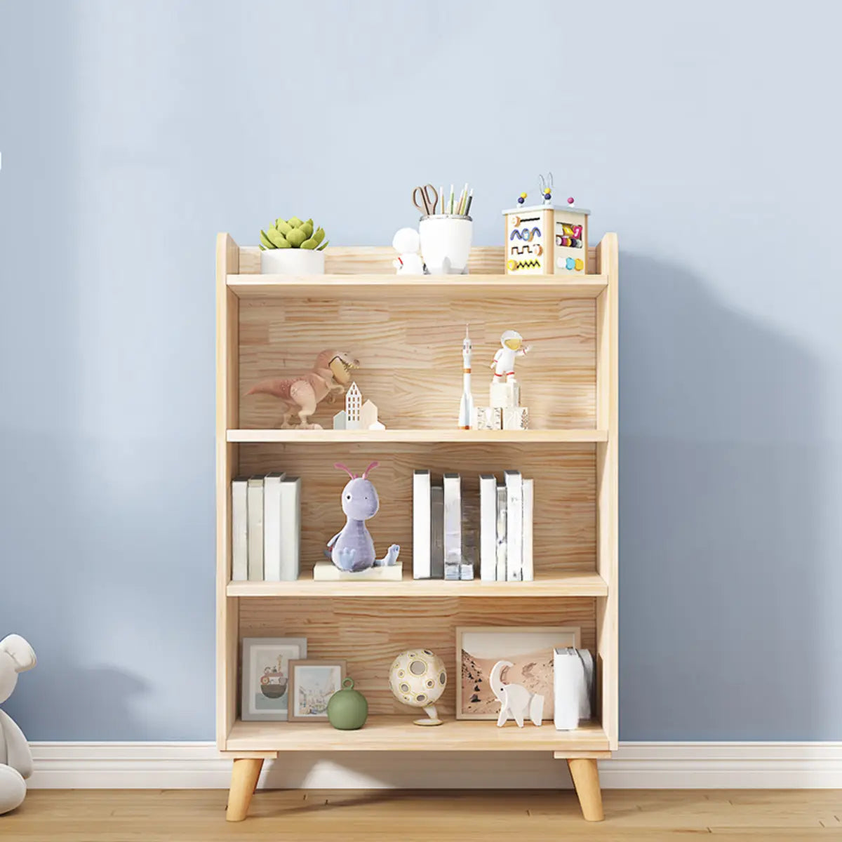 Kids' Room Simple Natural Wood Open Horizontal Bookcase Image - 9