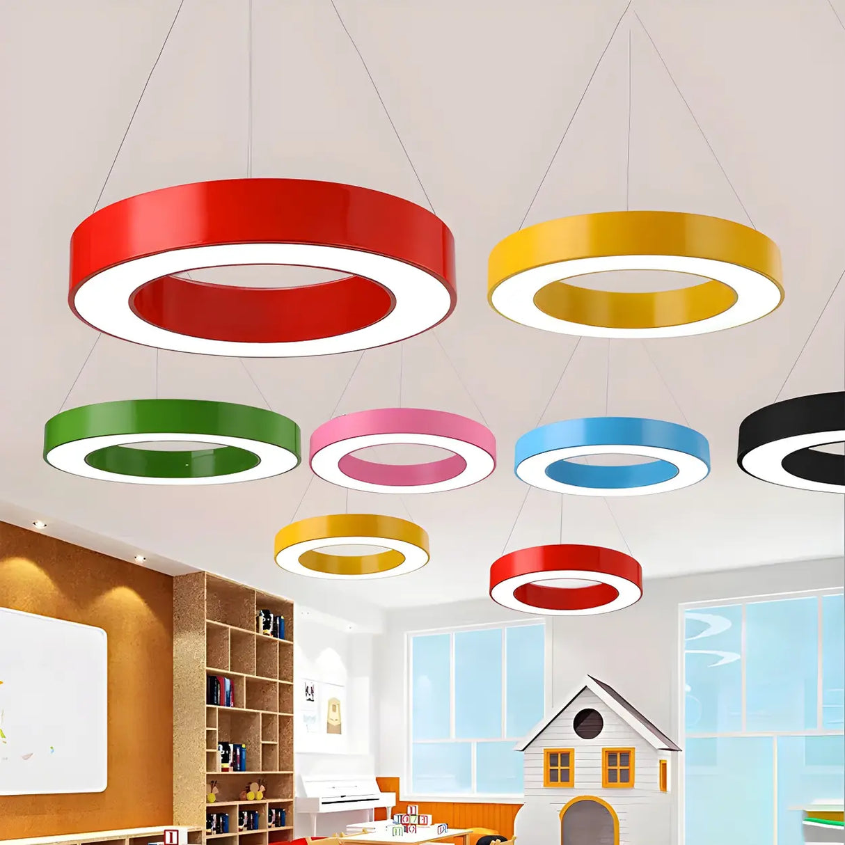 Kindergarten Colorful Circular Ring LED Pendant Light Image - 10