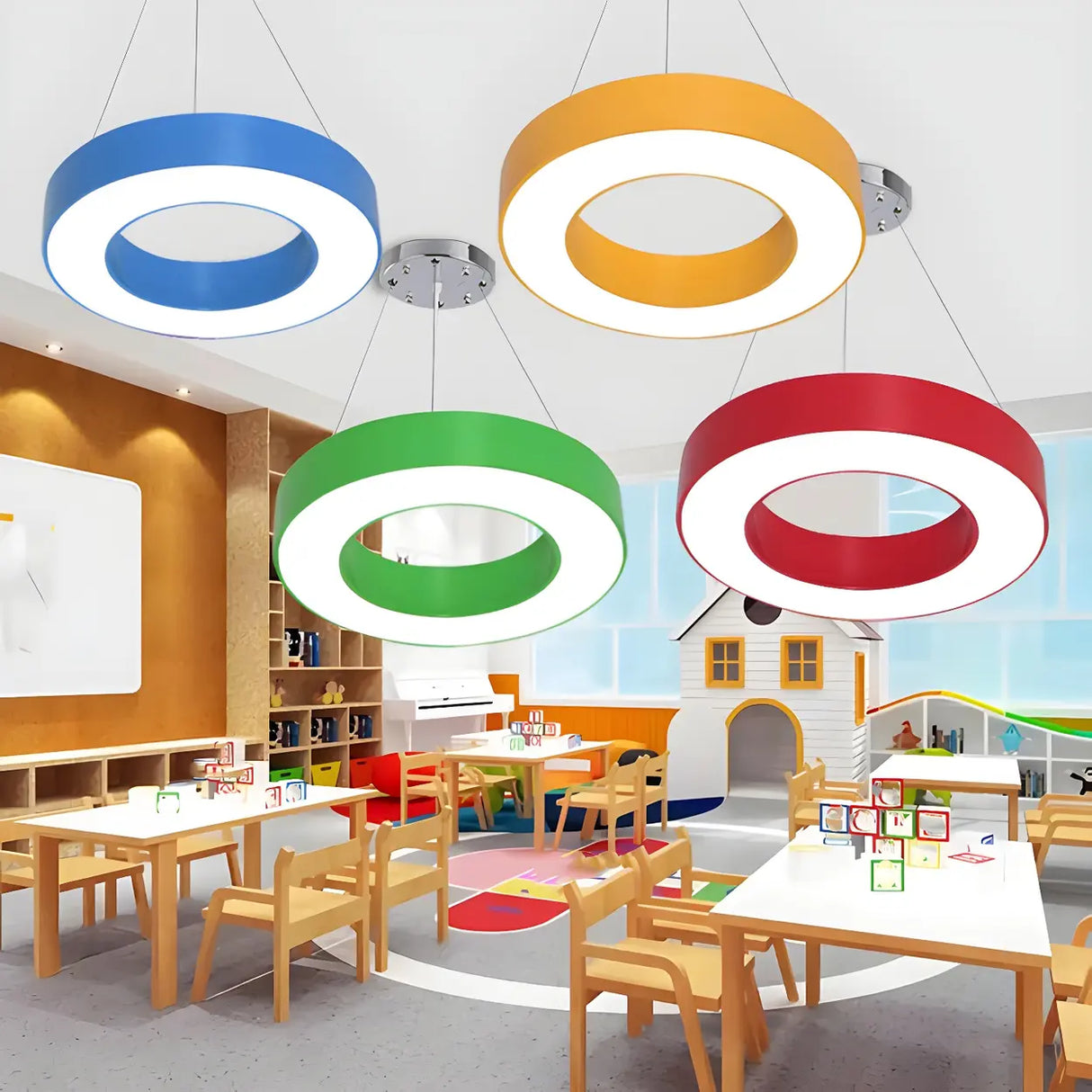 Kindergarten Colorful Circular Ring LED Pendant Light Image - 3