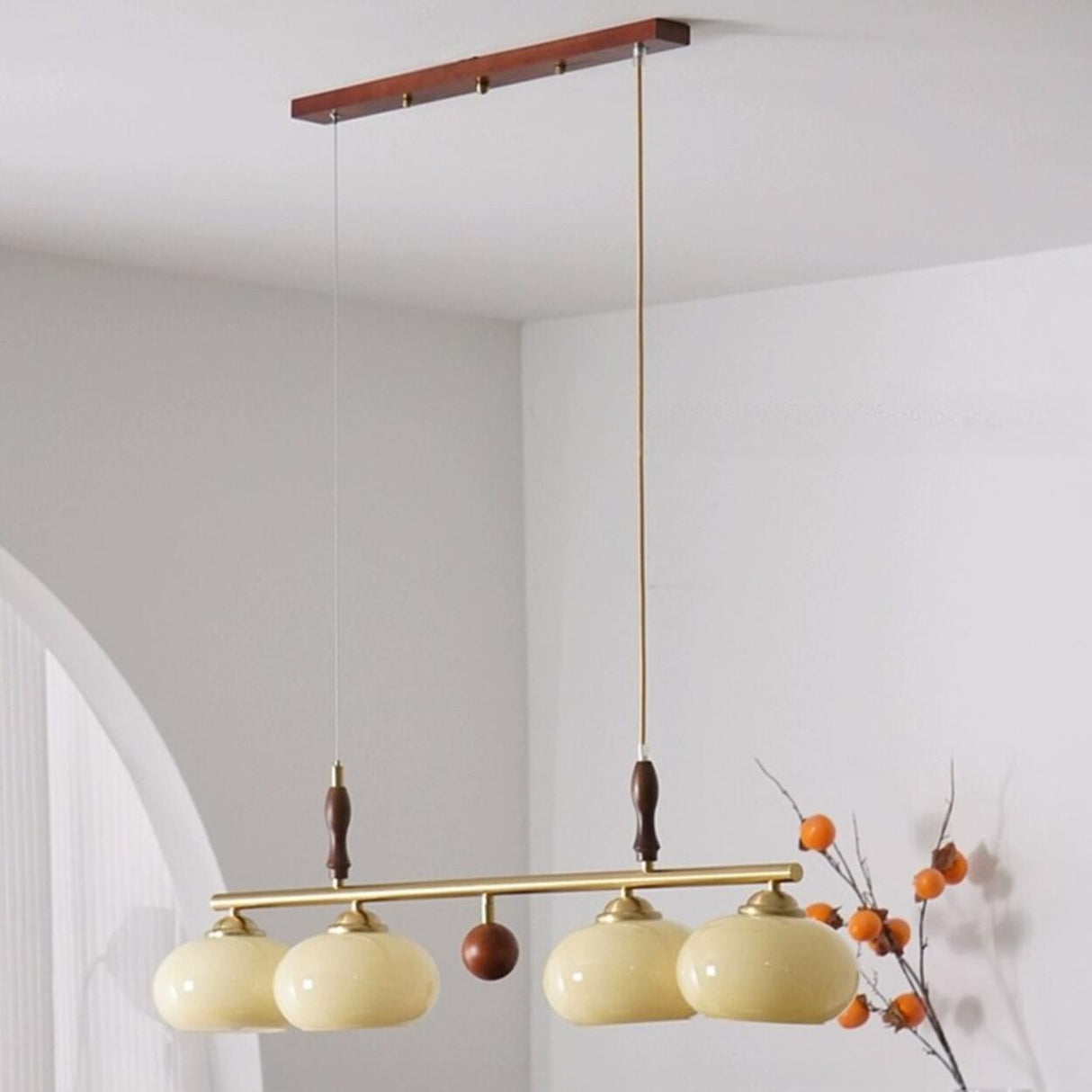Kitchen Adjustable Drum 4-Light Wood Hanging Light Image - 5
