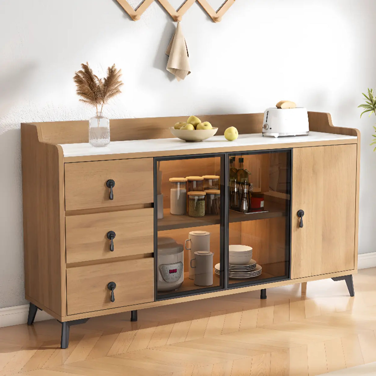 Kitchen Storage Sideboard Wood China Cabinet Nut-Brown Image - 5