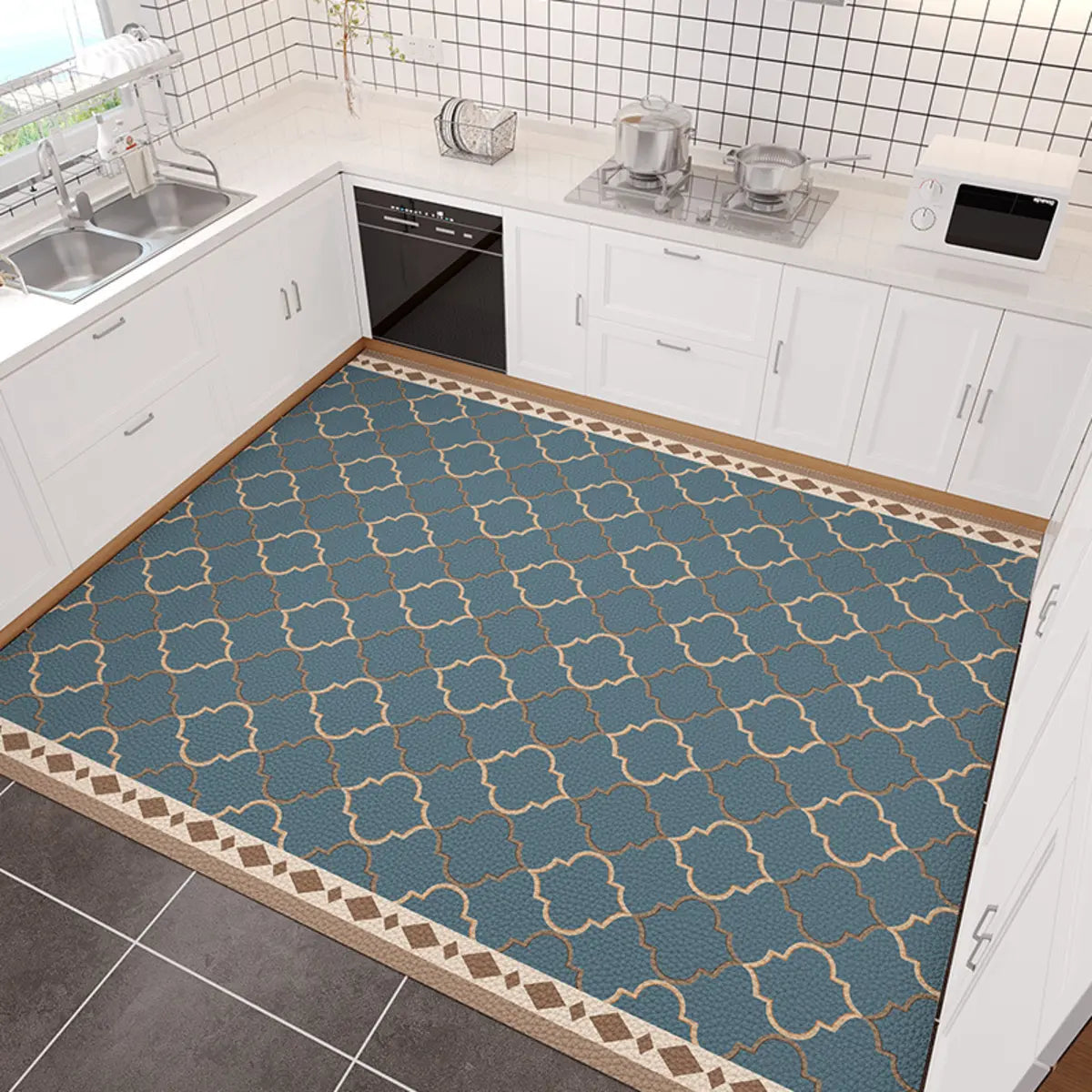 Kitchen Vinyl Rectangular Floral Pattern Blue Area Rug Image - 1