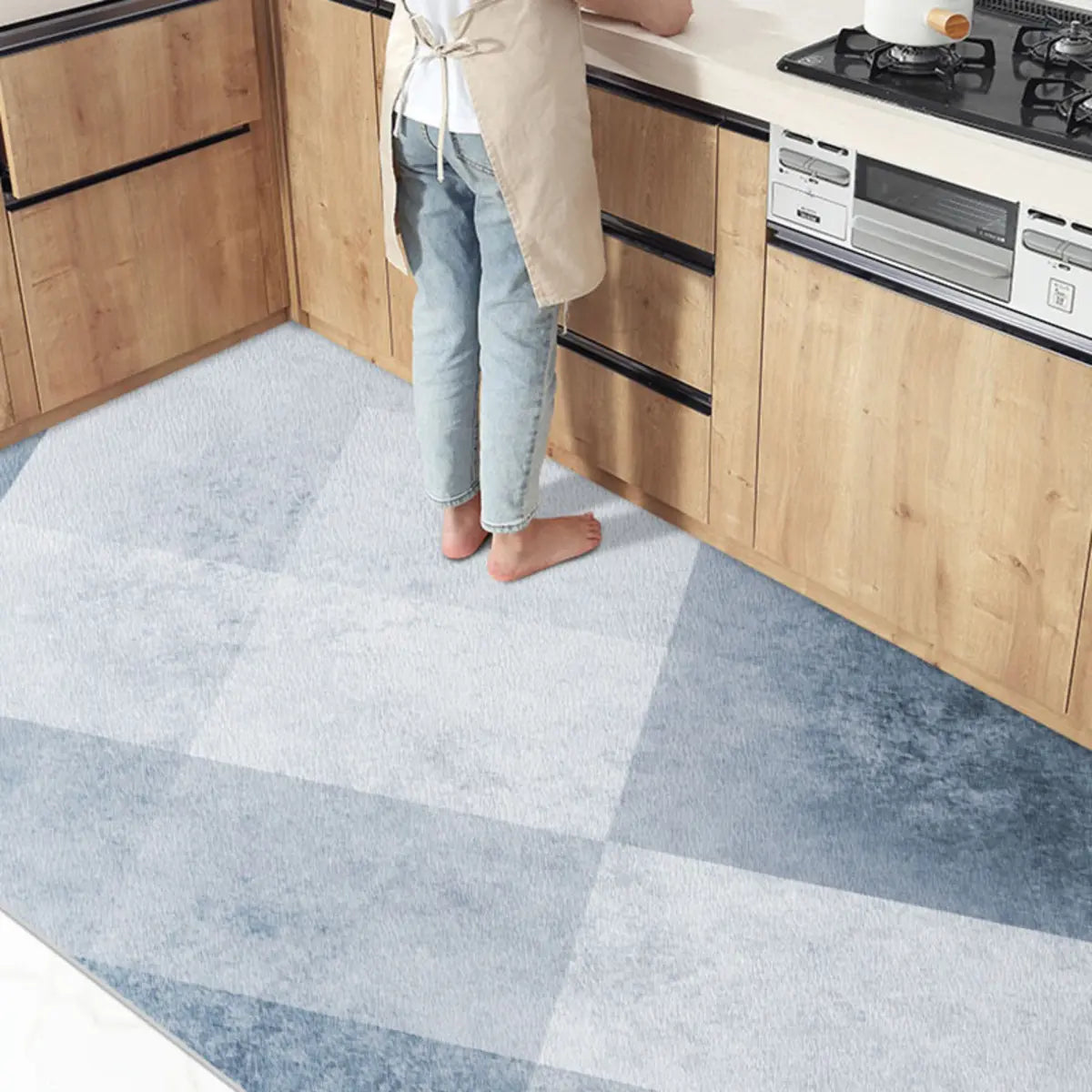 Kitchen Vinyl Rectangular Floral Pattern Blue Area Rug Image - 2