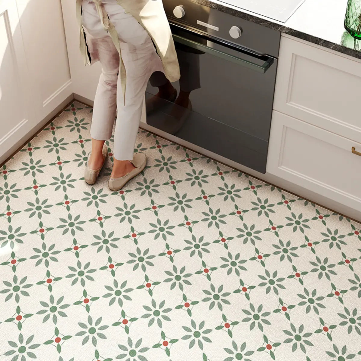 Kitchen Vinyl Rectangular Floral Pattern Blue Area Rug Image - 6