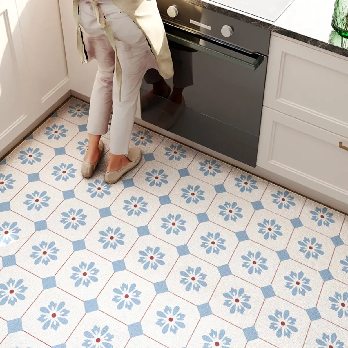 Kitchen Vinyl Rectangular Floral Pattern Blue Area Rug Image - 7