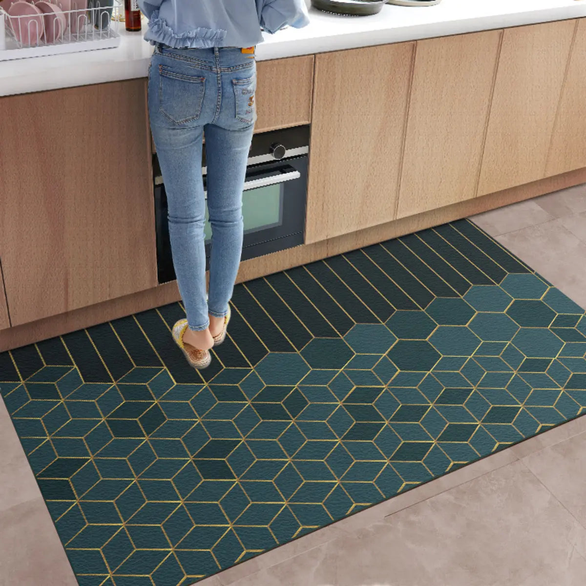 Kitchen Vinyl Rectangular Floral Pattern Blue Area Rug Image - 9