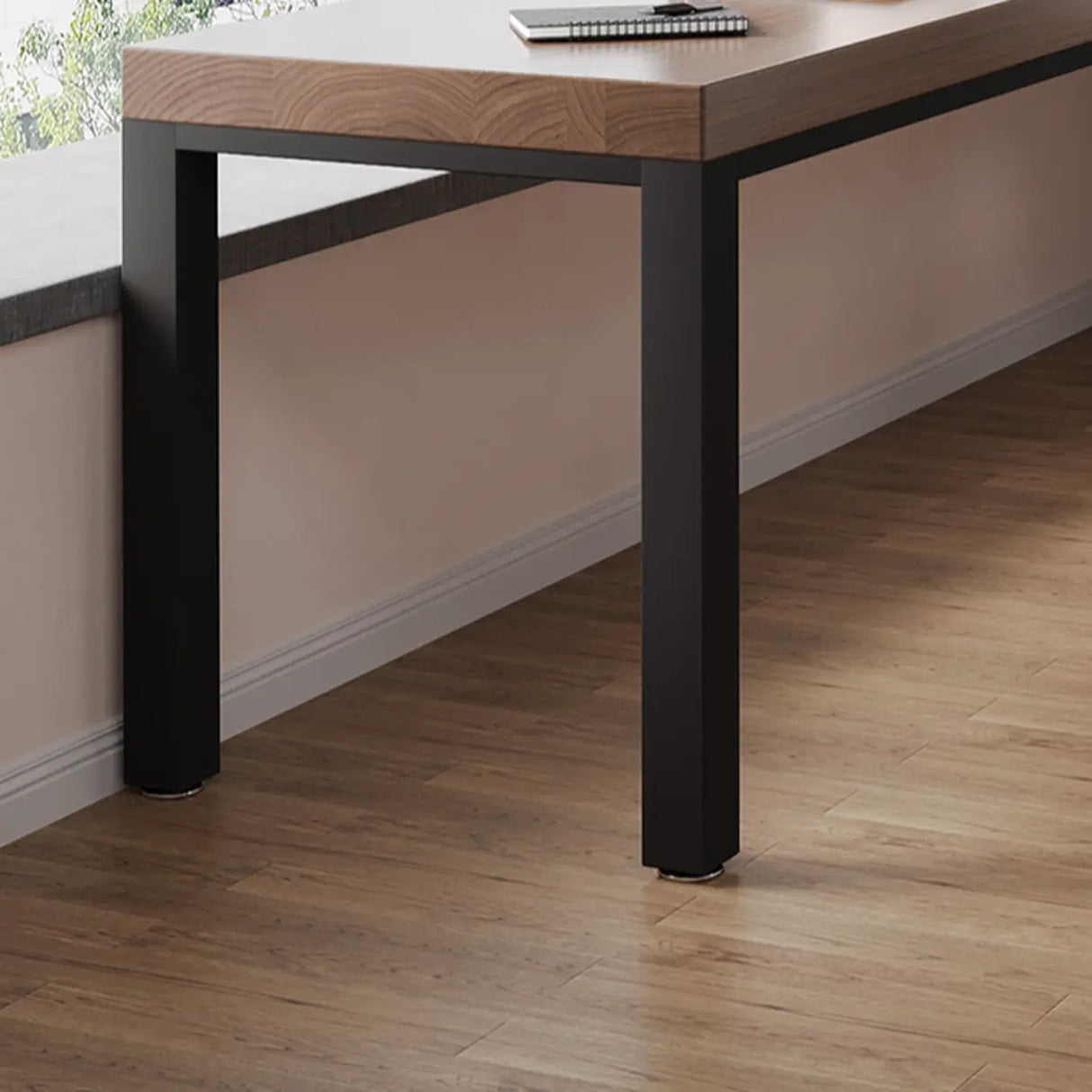 L-Shape Brown Lumber H-Shape Base Double Computer Desk Image - 12