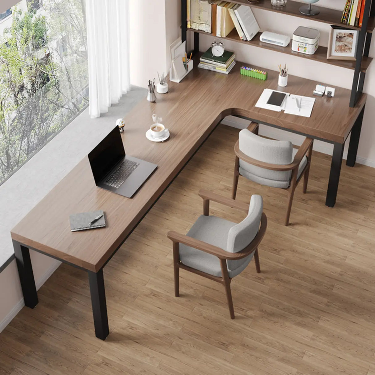 L-Shape Brown Lumber H-Shape Base Double Computer Desk Image - 3