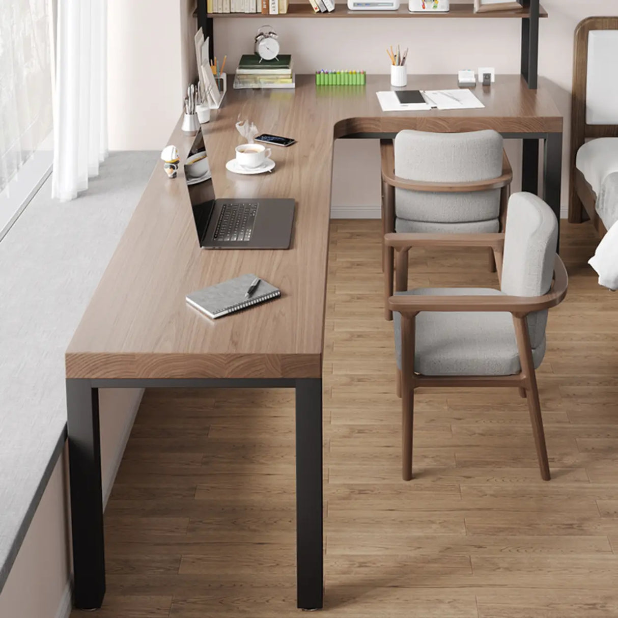 L-Shape Brown Lumber H-Shape Base Double Computer Desk Image - 6