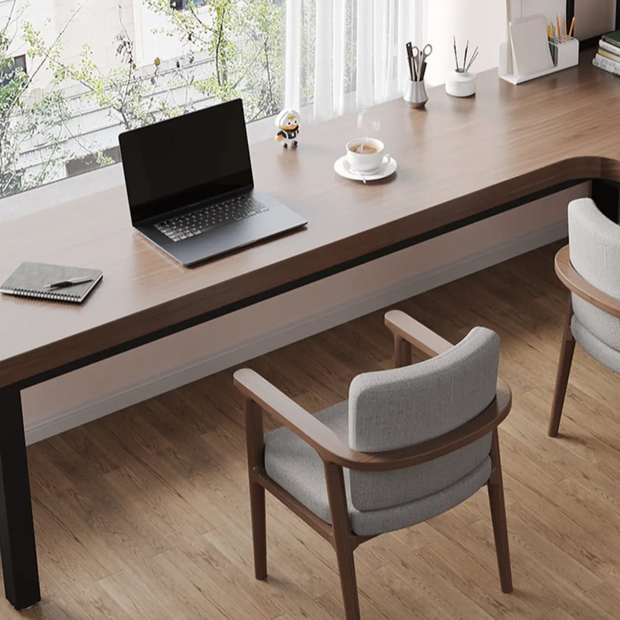 L-Shape Brown Lumber H-Shape Base Double Computer Desk Image - 8