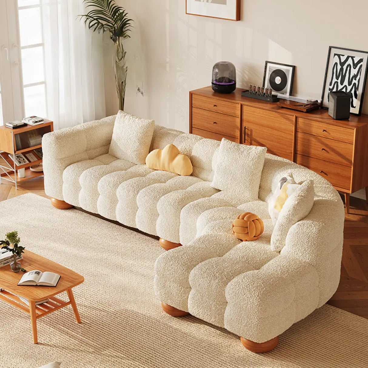 L-Shape Cream Medium Tufted Cozy Corner Sectional Sofa Image - 3