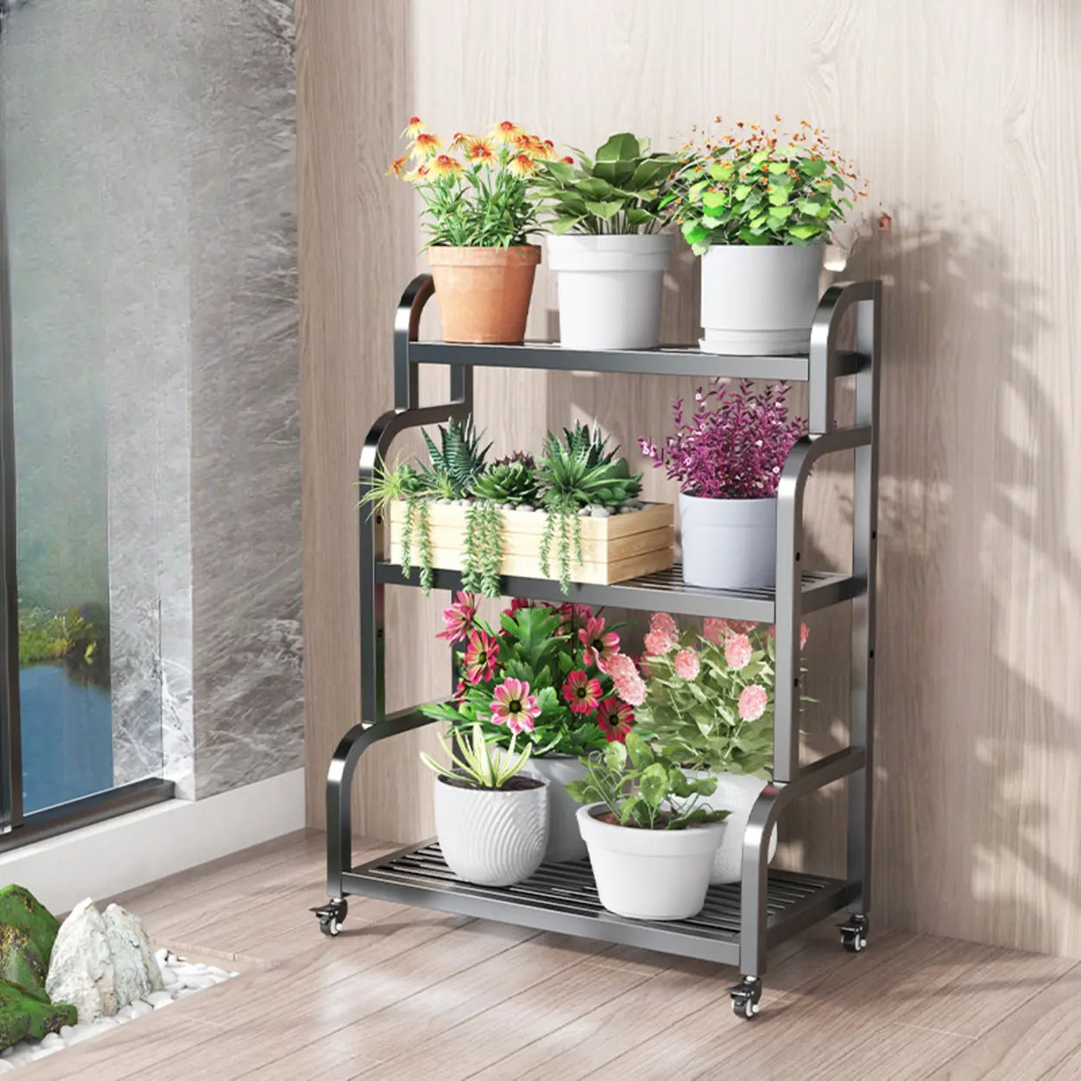 Ladder Metal Rolling 3-Tier Storage Plant Stand Gold Image - 10