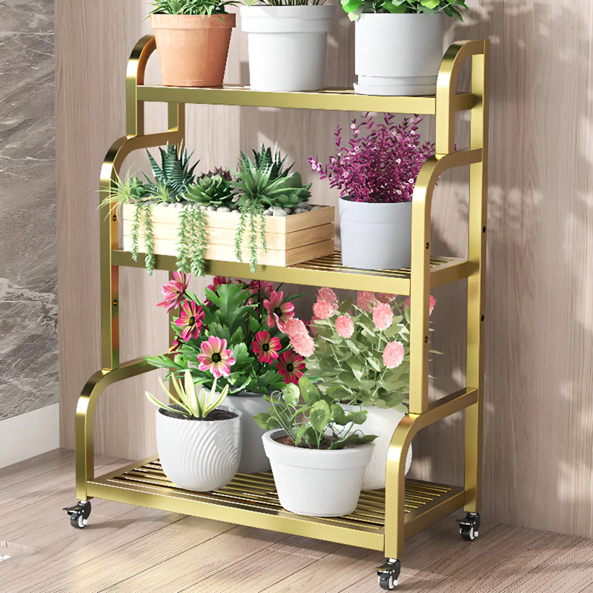 Ladder Metal Rolling 3-Tier Storage Plant Stand Gold Image - 15