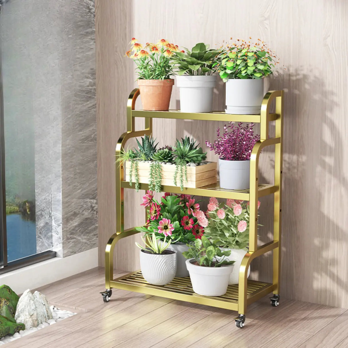 Ladder Metal Rolling 3-Tier Storage Plant Stand Gold Image - 16