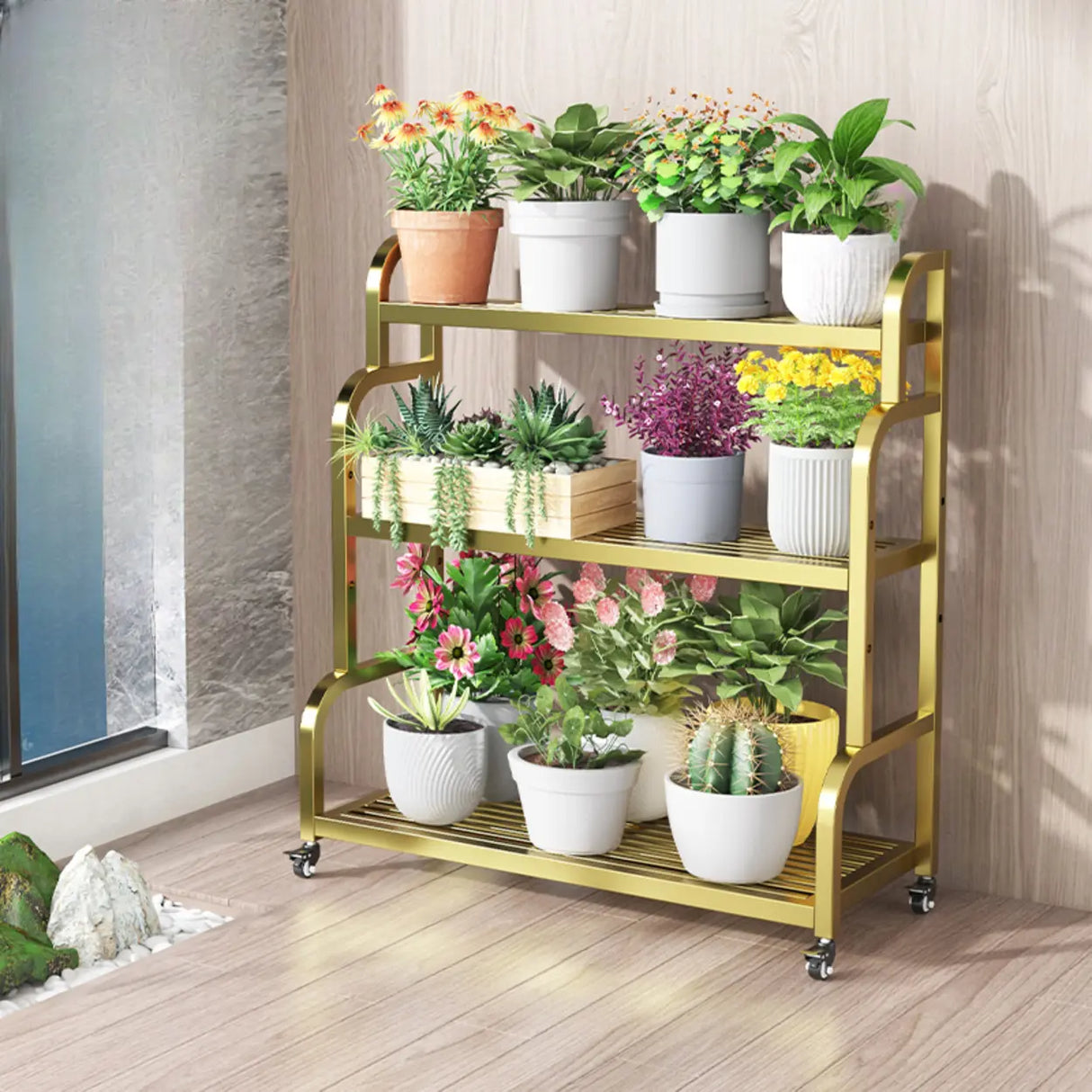 Ladder Metal Rolling 3-Tier Storage Plant Stand Gold Image - 18