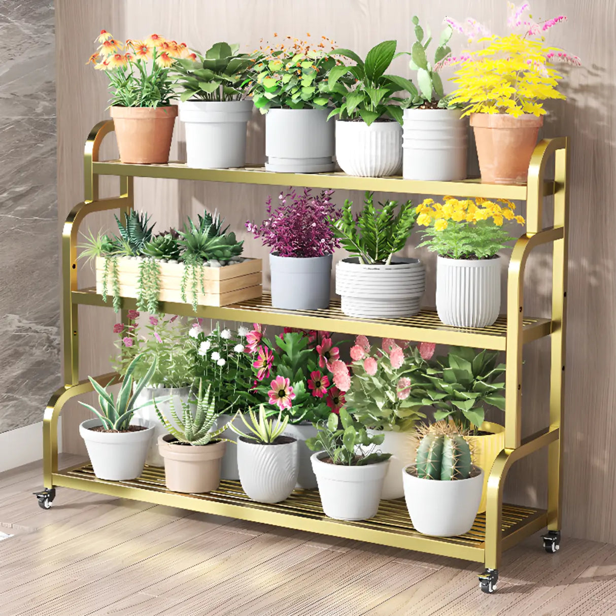 Ladder Metal Rolling 3-Tier Storage Plant Stand Gold Image - 1