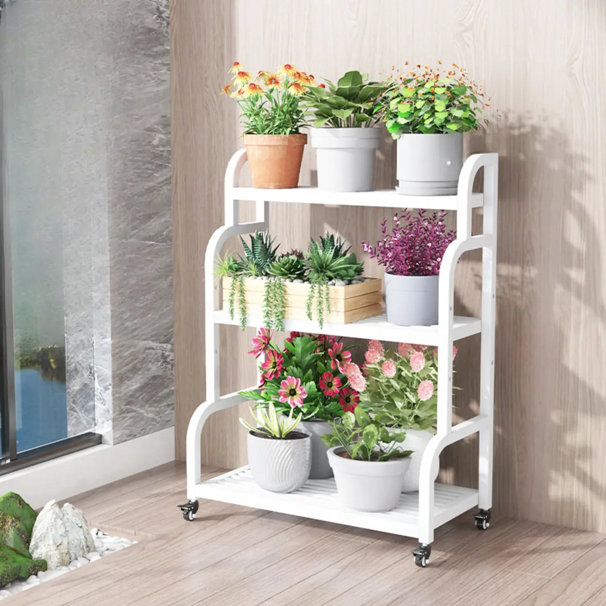 Ladder Metal Rolling 3-Tier Storage Plant Stand Gold Image - 2