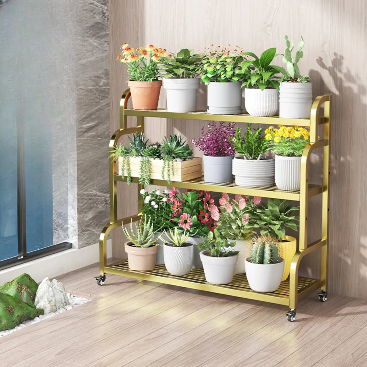 Ladder Metal Rolling 3-Tier Storage Plant Stand Gold Image - 3