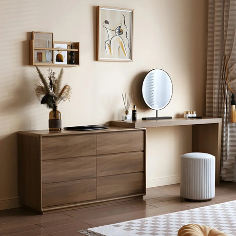 Large Brown Wood Makeup Vanity with Drawers and Seat Image - 1