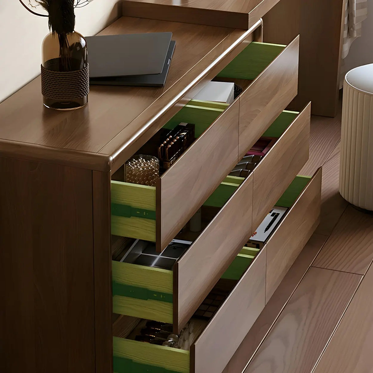 Large Brown Wood Makeup Vanity with Drawers and Seat Image - 11