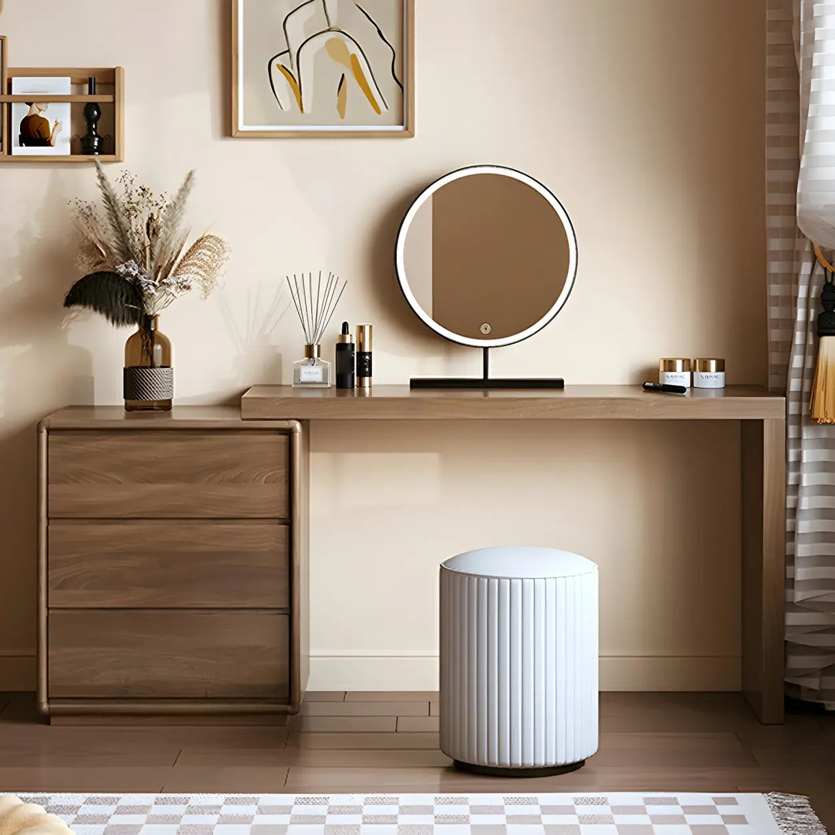 Large Brown Wood Makeup Vanity with Drawers and Seat Image - 4