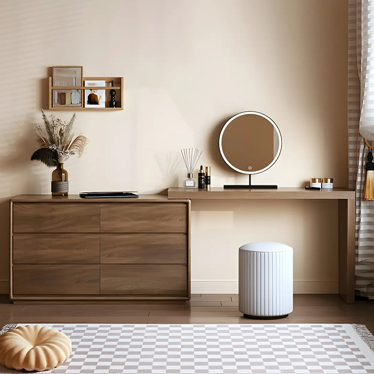 Large Brown Wood Makeup Vanity with Drawers and Seat Image - 6
